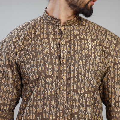 Brown - Akola Block Printed Cotton Men Short Kurta