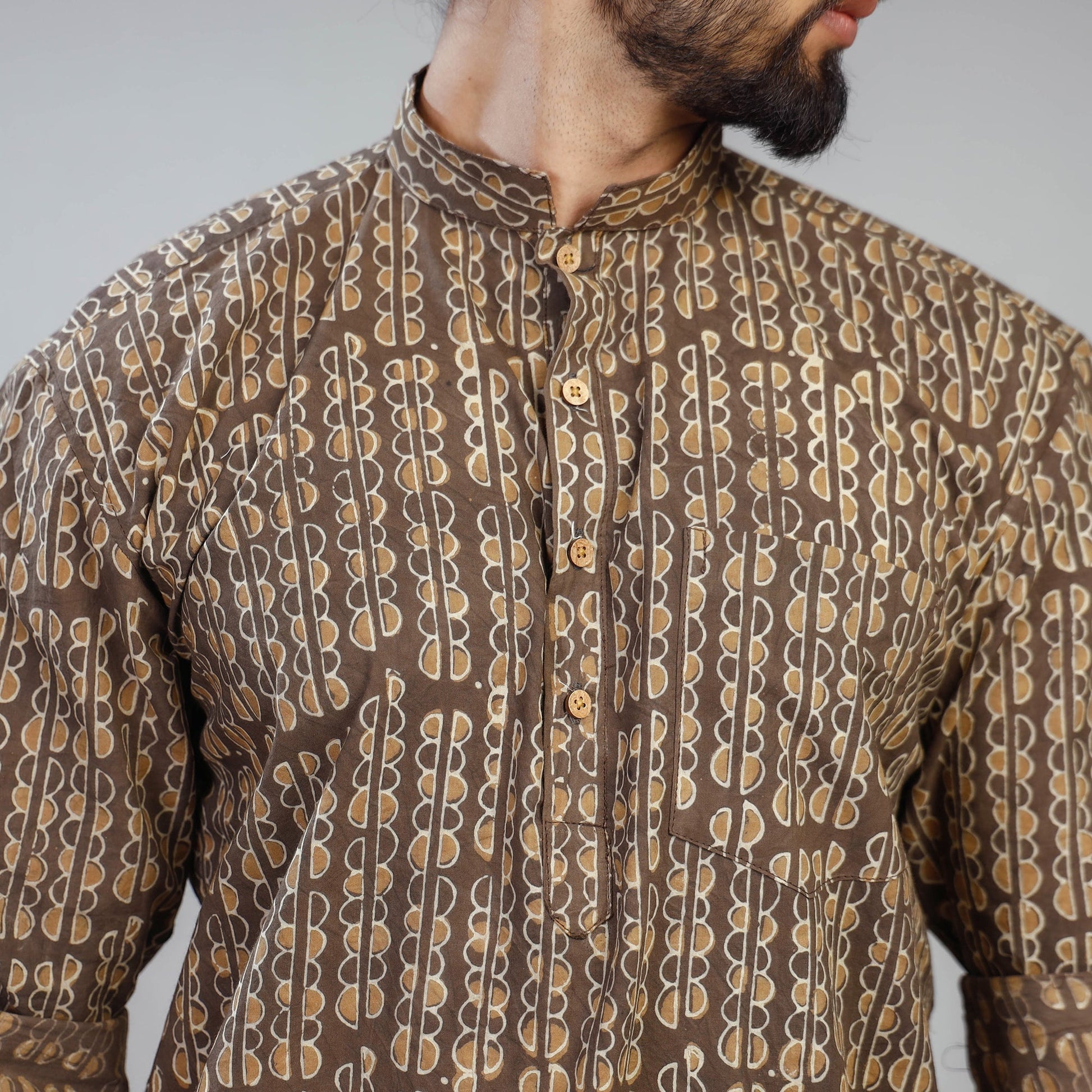 Brown - Akola Block Printed Cotton Men Short Kurta