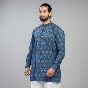 Blue - Akola Block Printing Cotton Men Short Kurta