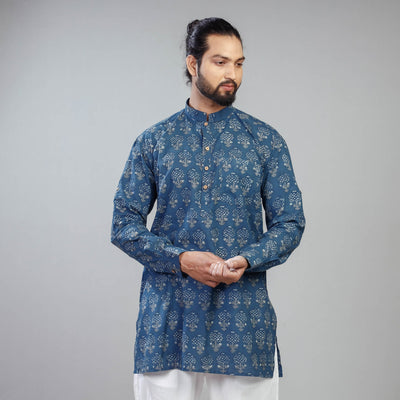 Blue - Akola Block Printing Cotton Men Short Kurta