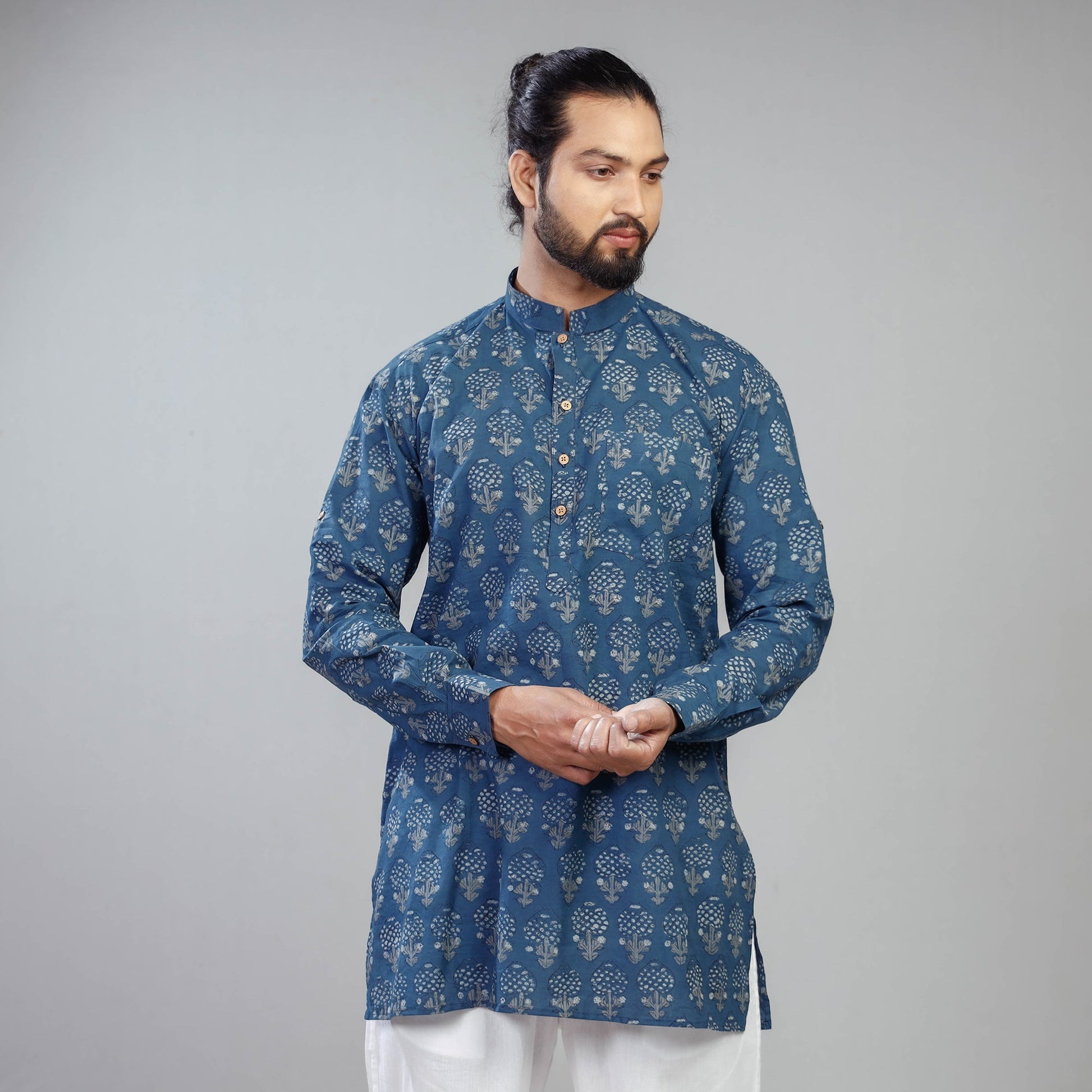 Blue - Akola Block Printing Cotton Men Short Kurta