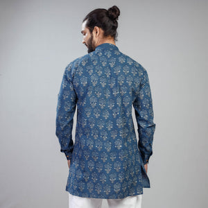 Blue - Akola Block Printing Cotton Men Short Kurta