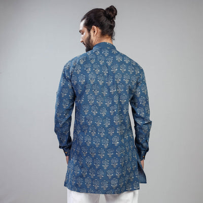 Blue - Akola Block Printing Cotton Men Short Kurta
