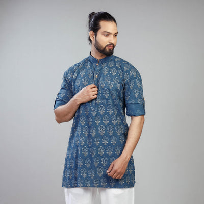 Blue - Akola Block Printing Cotton Men Short Kurta
