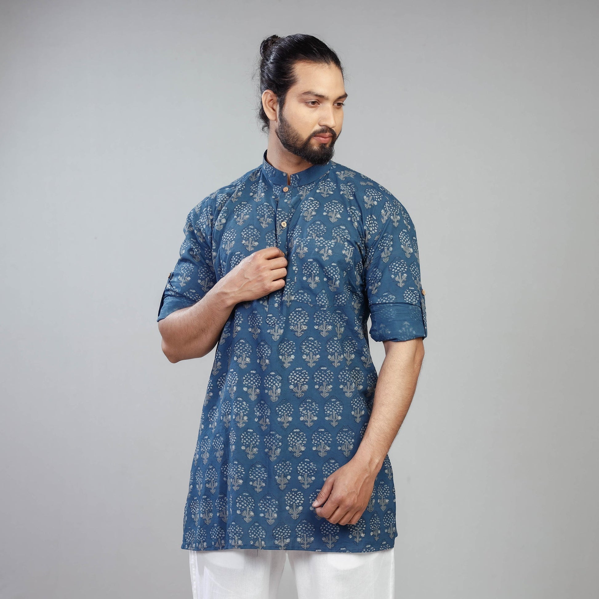 Blue - Akola Block Printing Cotton Men Short Kurta