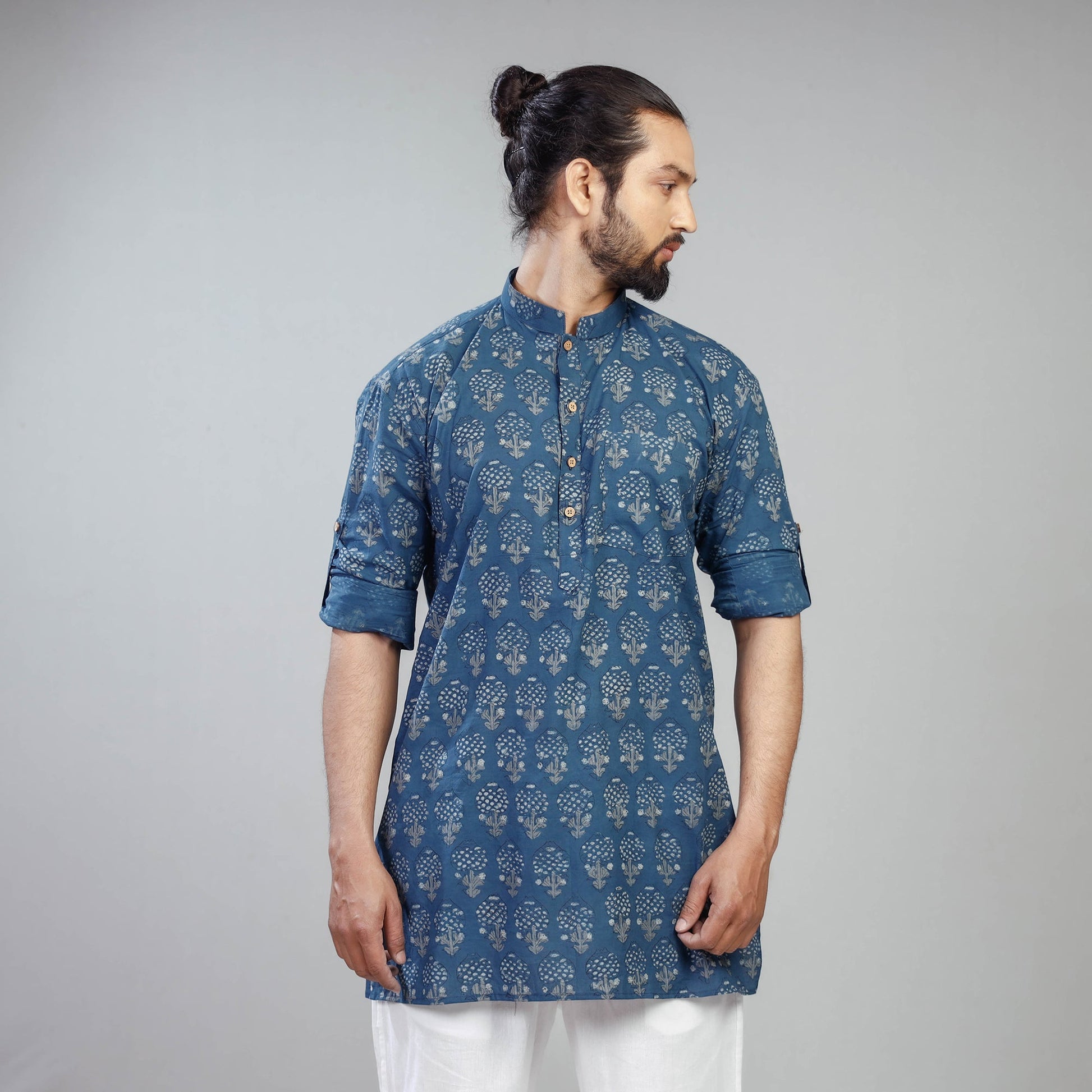 Blue - Akola Block Printing Cotton Men Short Kurta