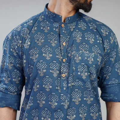 Blue - Akola Block Printing Cotton Men Short Kurta