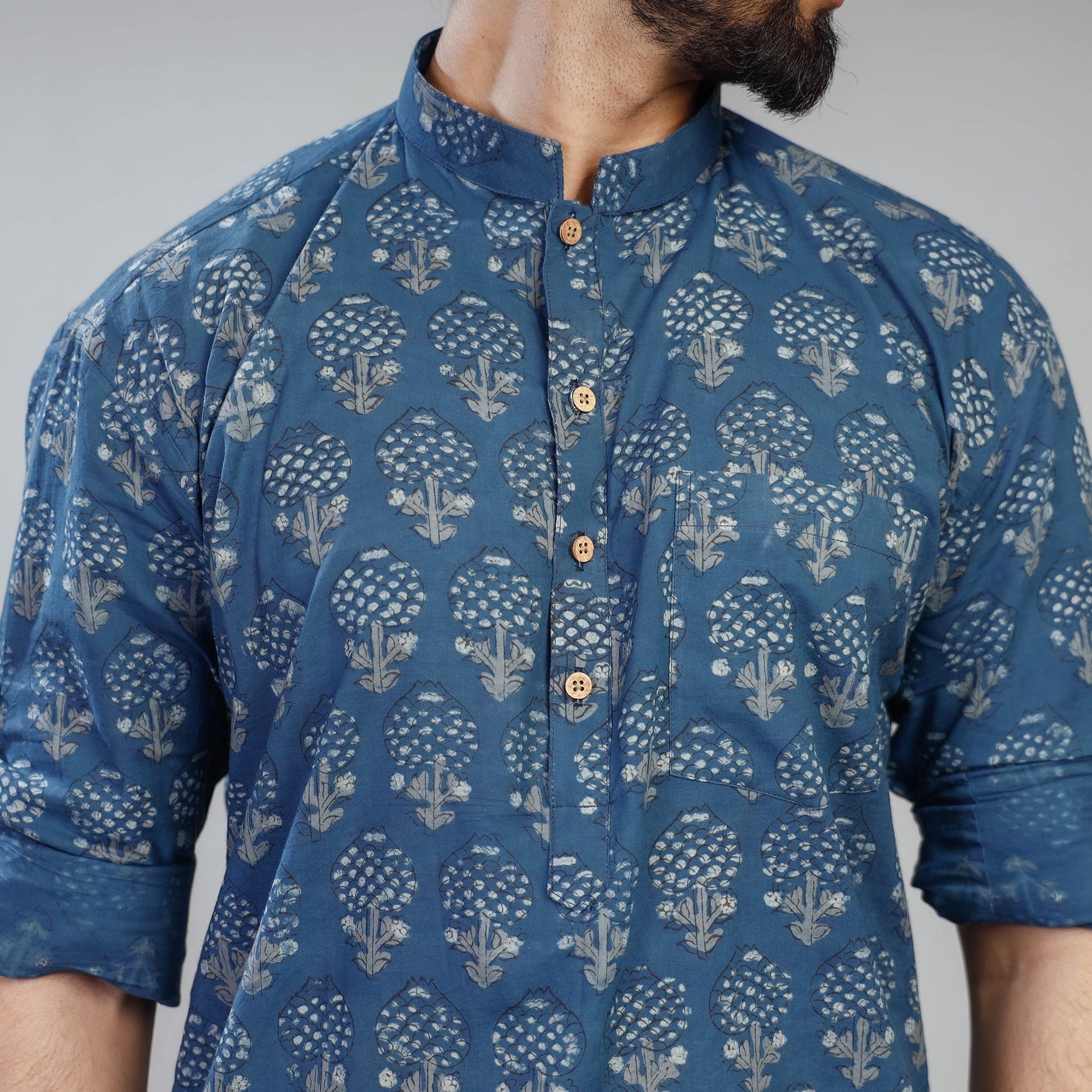 Blue - Akola Block Printing Cotton Men Short Kurta