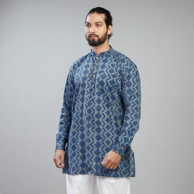 Blue - Akola Block Printed Cotton Men Short Kurta