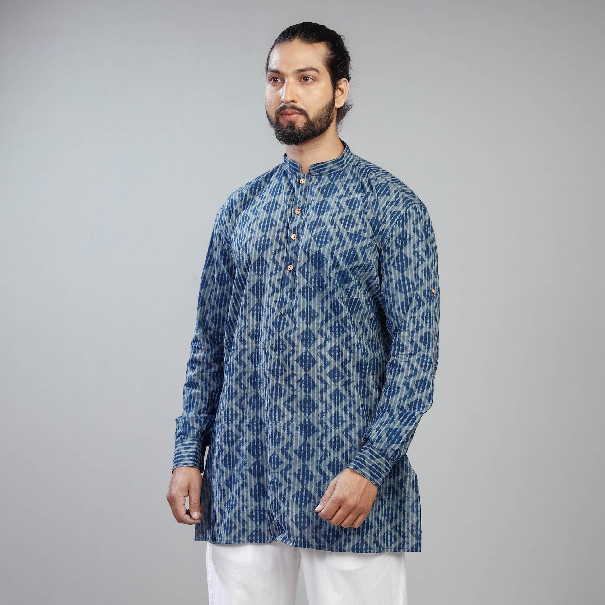 Blue - Akola Block Printed Cotton Men Short Kurta