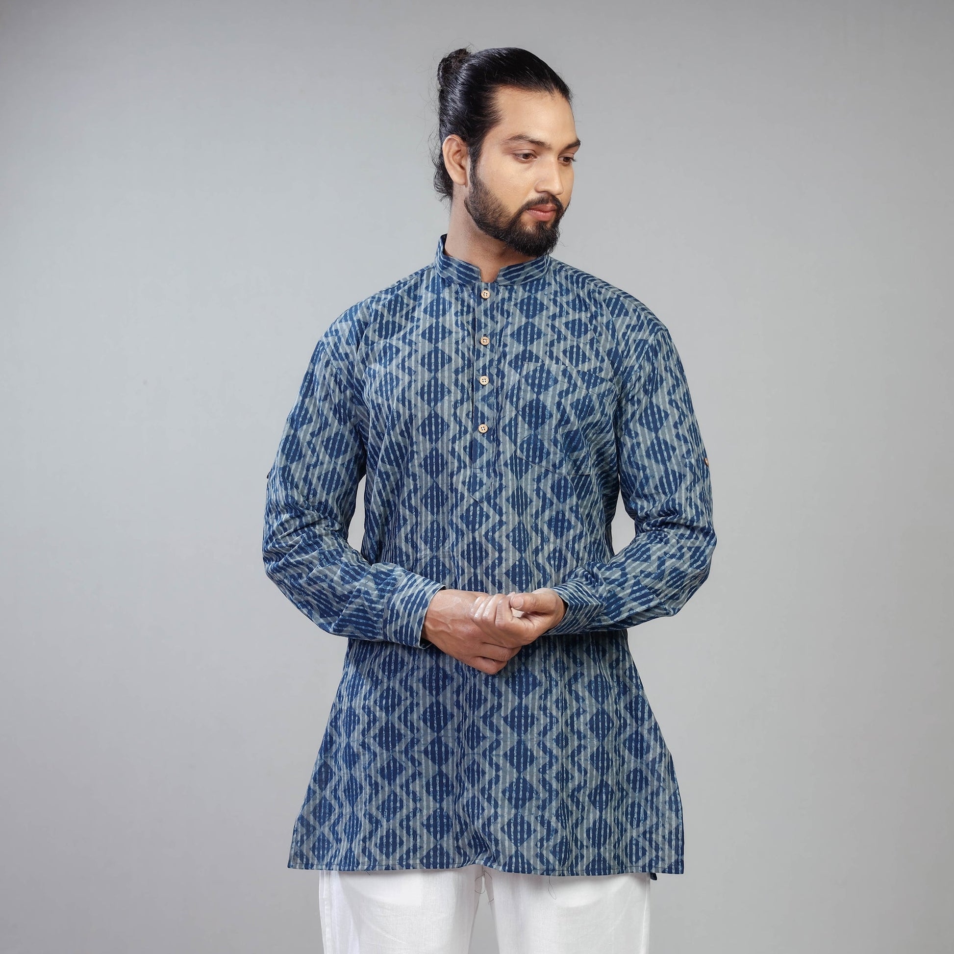 Blue - Akola Block Printed Cotton Men Short Kurta