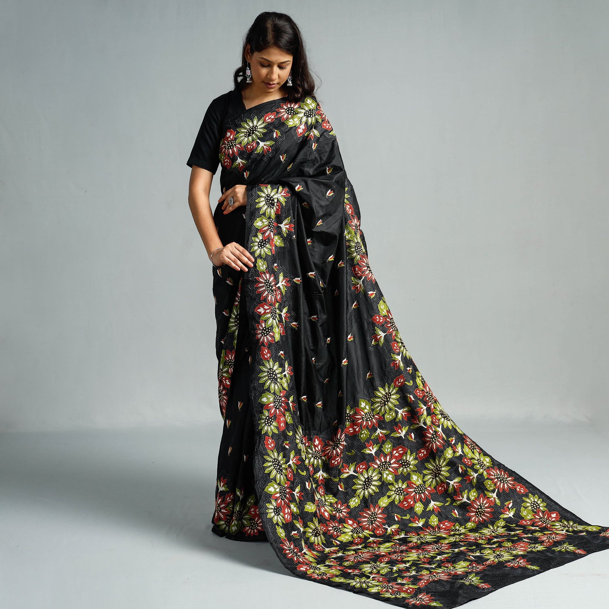 Black - Bengal Kantha Embroidery Bangalore Silk Handloom Saree