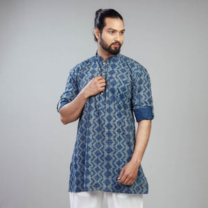 Blue - Akola Block Printed Cotton Men Short Kurta