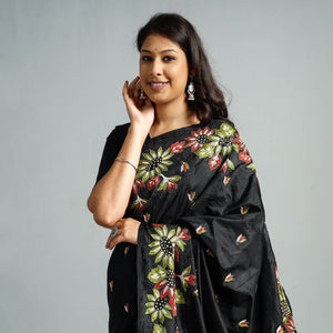 Black - Bengal Kantha Embroidery Bangalore Silk Handloom Saree