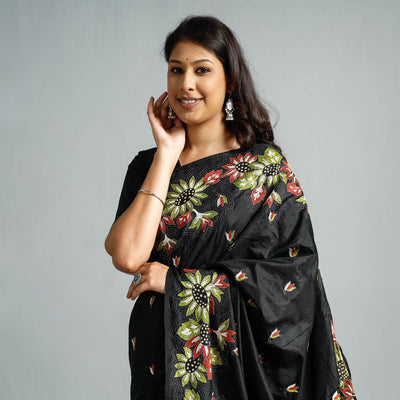 Black - Bengal Kantha Embroidery Bangalore Silk Handloom Saree