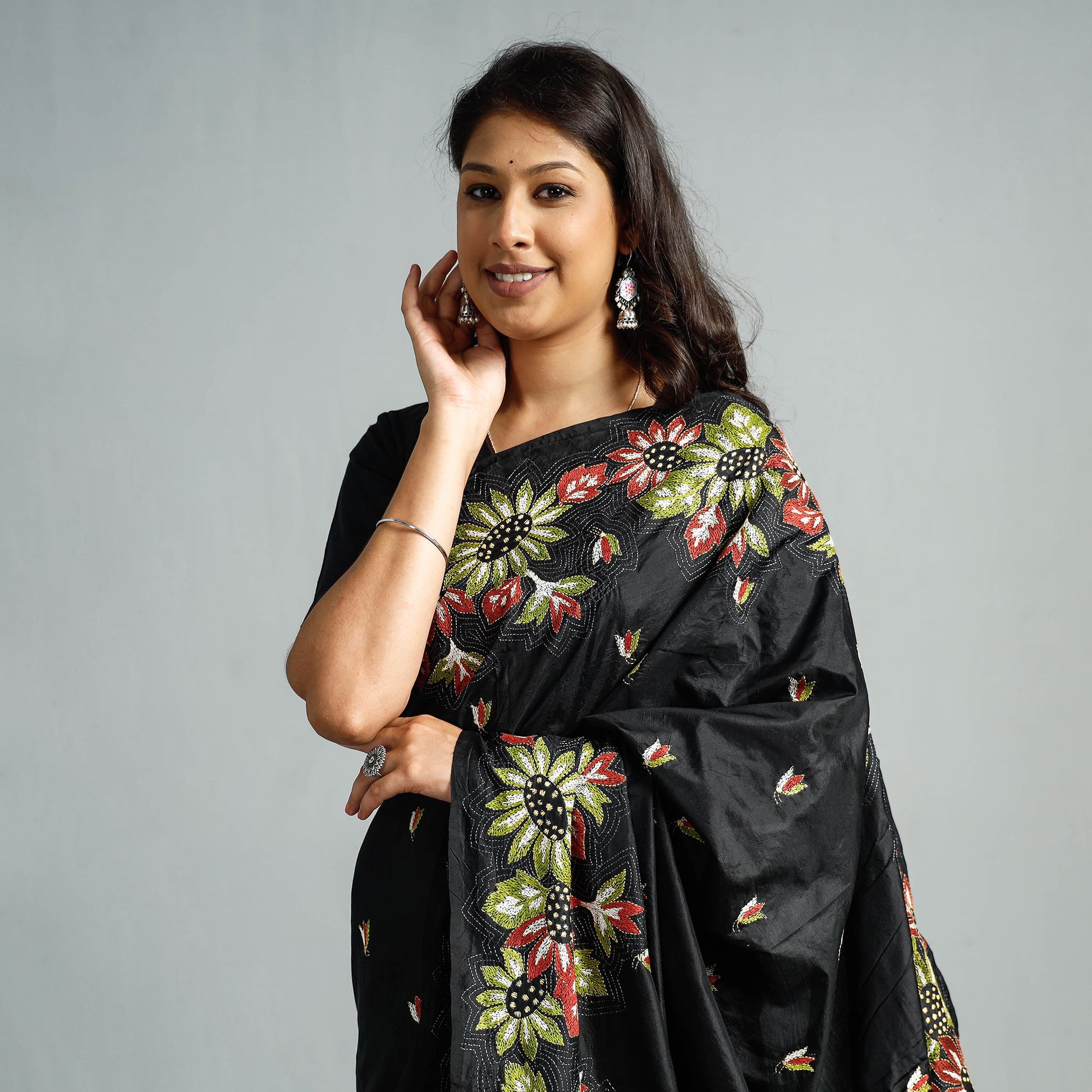 Black - Bengal Kantha Embroidery Bangalore Silk Handloom Saree