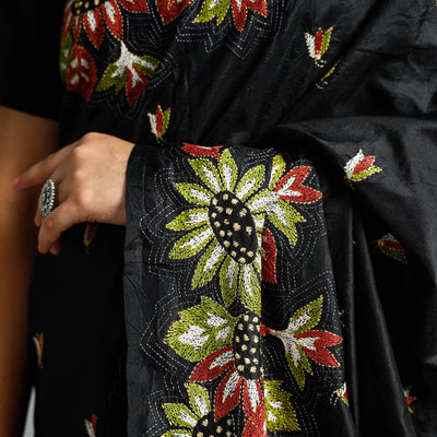 Black - Bengal Kantha Embroidery Bangalore Silk Handloom Saree