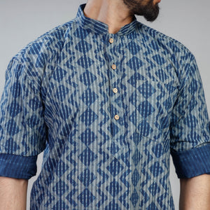 Blue - Akola Block Printed Cotton Men Short Kurta