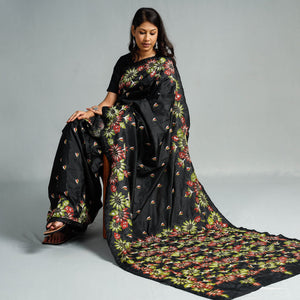 Black - Bengal Kantha Embroidery Bangalore Silk Handloom Saree