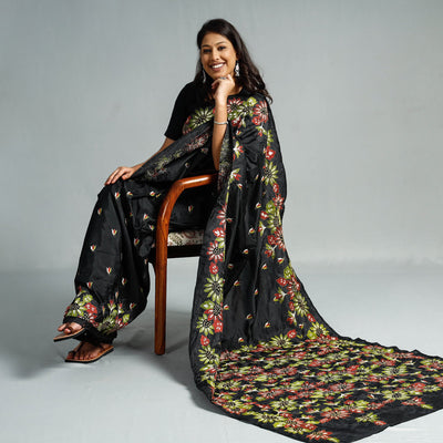 Black - Bengal Kantha Embroidery Bangalore Silk Handloom Saree