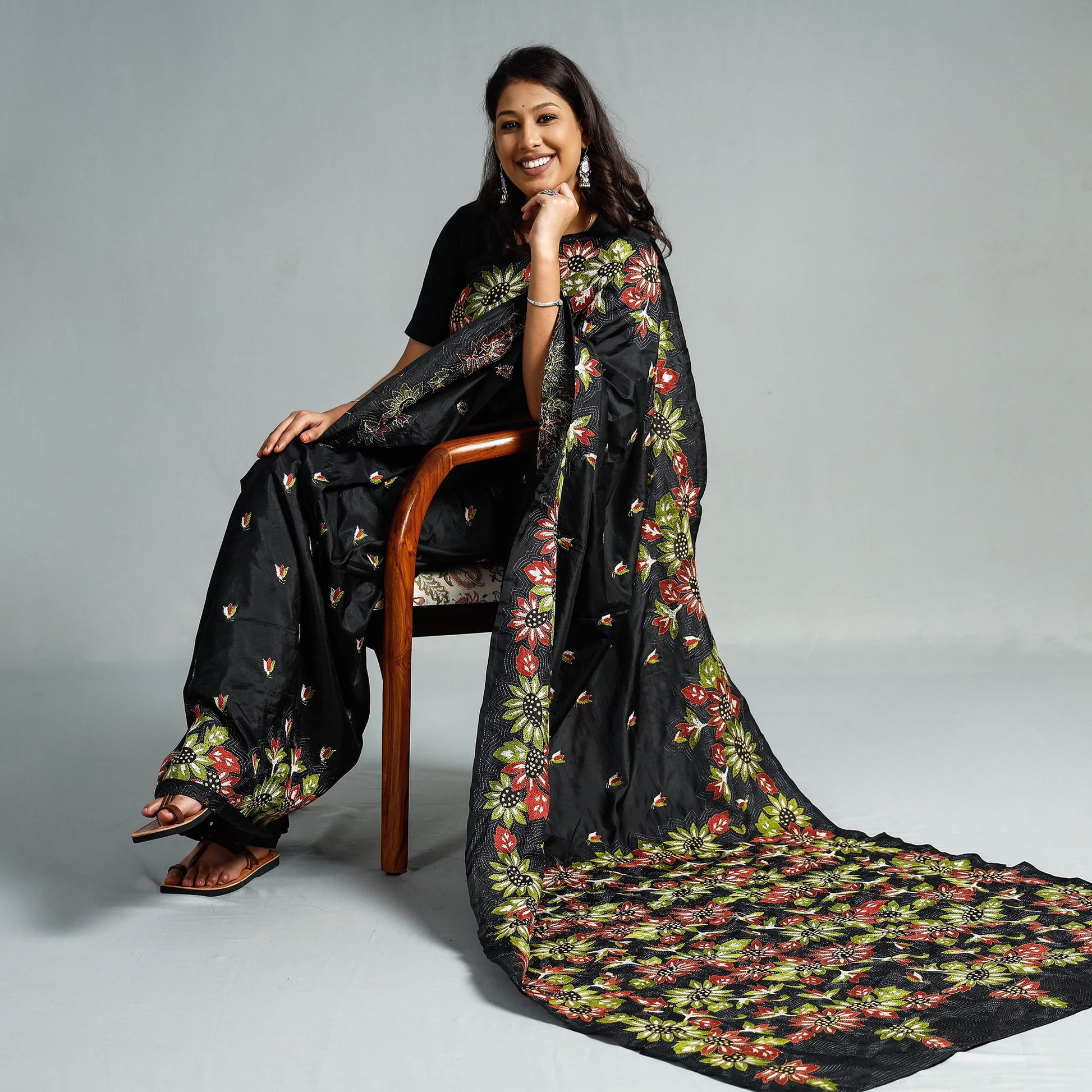 Black - Bengal Kantha Embroidery Bangalore Silk Handloom Saree