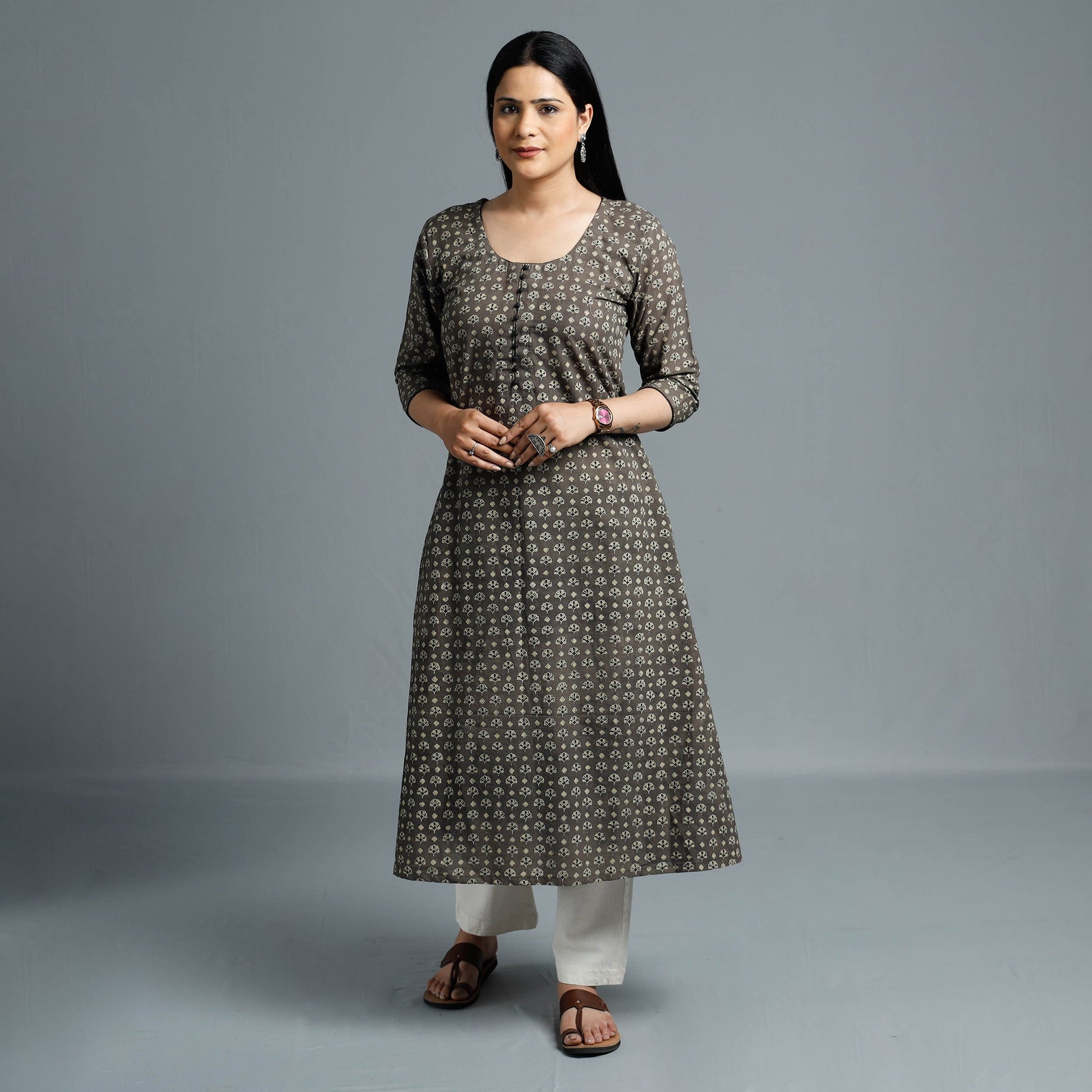 Brown - Cotton Long Kurta in Ajrakh Block Prints of Kutch