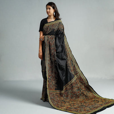 Black - Bengal Kantha Embroidery Bangalore Silk Handloom Saree