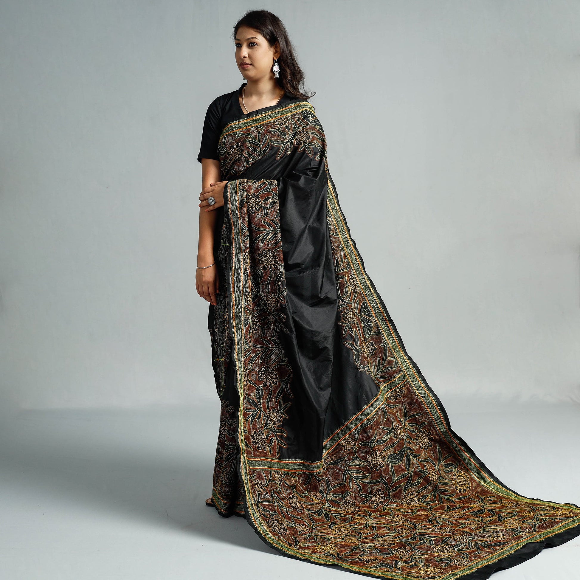 Black - Bengal Kantha Embroidery Bangalore Silk Handloom Saree