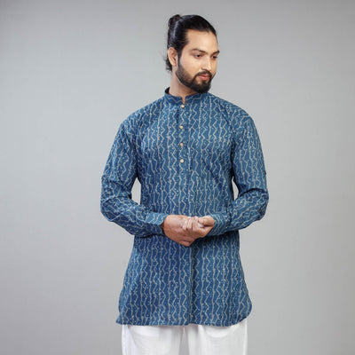 Blue - Akola Block Printed Cotton Men Short Kurta