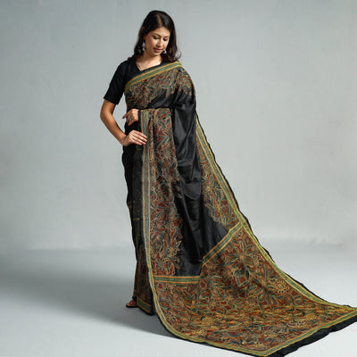 Black - Bengal Kantha Embroidery Bangalore Silk Handloom Saree