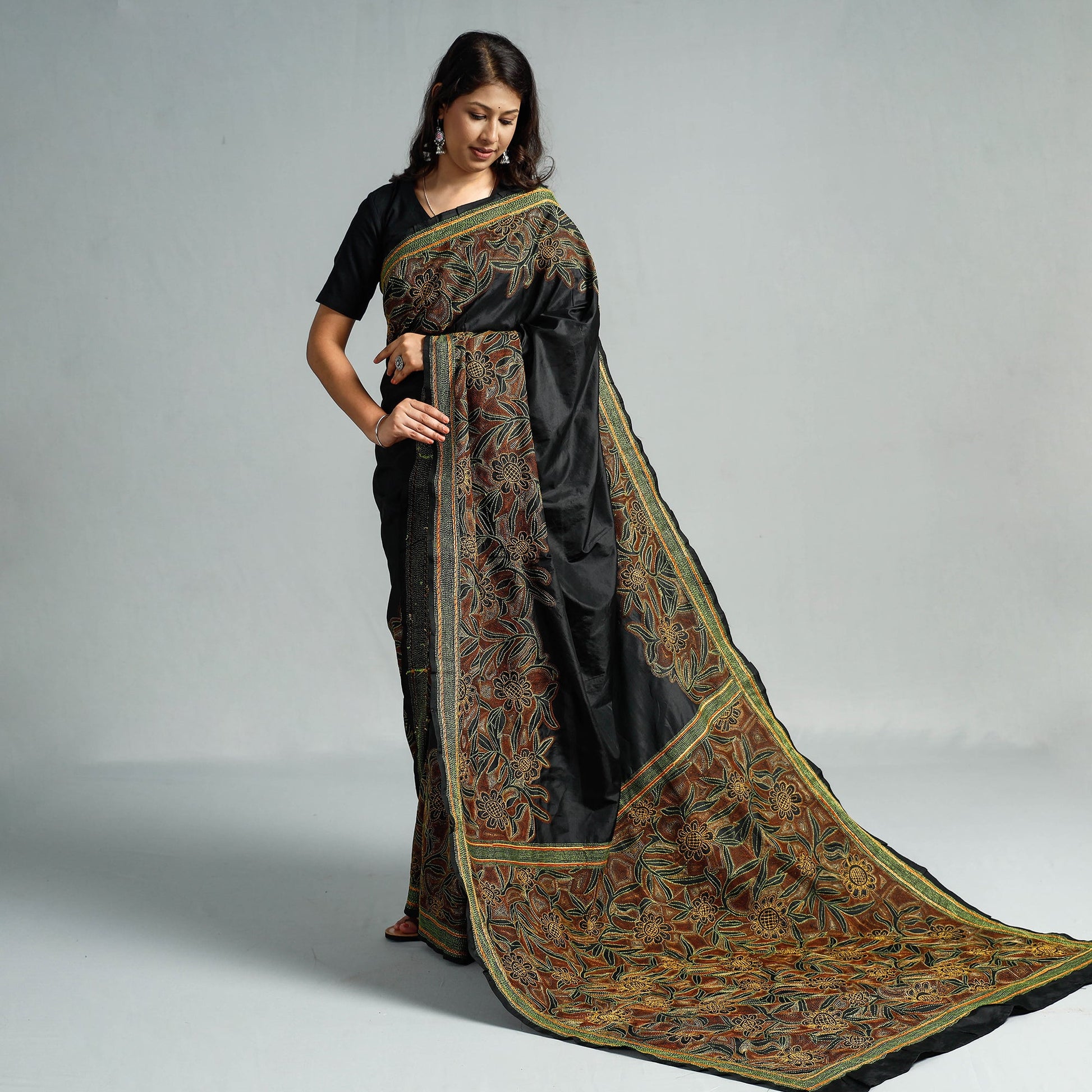 Black - Bengal Kantha Embroidery Bangalore Silk Handloom Saree