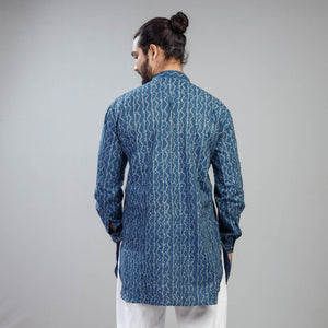 Blue - Akola Block Printed Cotton Men Short Kurta