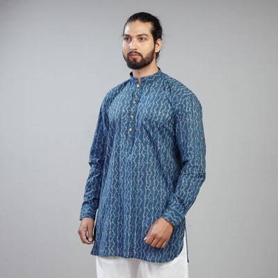 Blue - Akola Block Printed Cotton Men Short Kurta