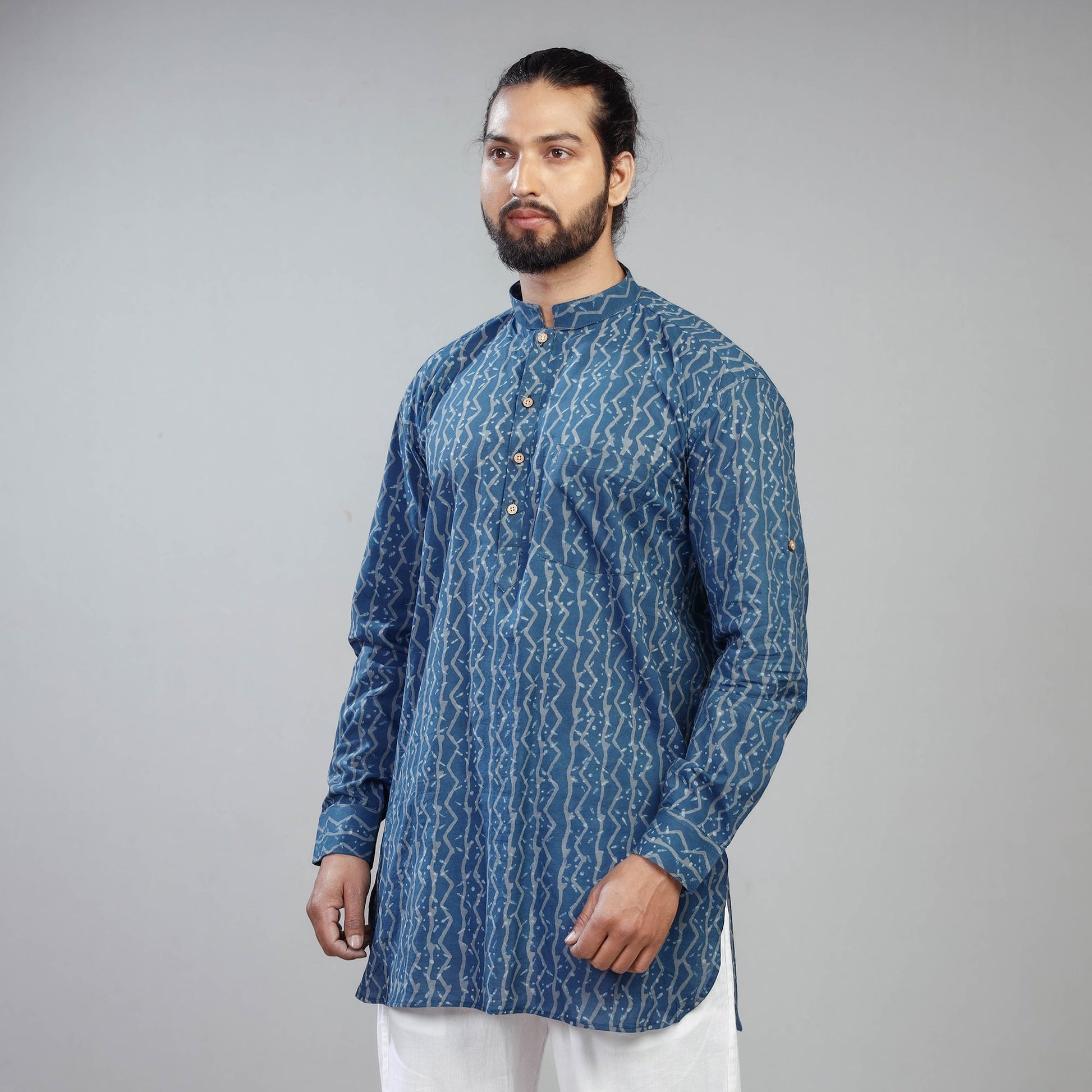 Blue - Akola Block Printed Cotton Men Short Kurta