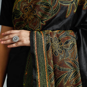 Black - Bengal Kantha Embroidery Bangalore Silk Handloom Saree