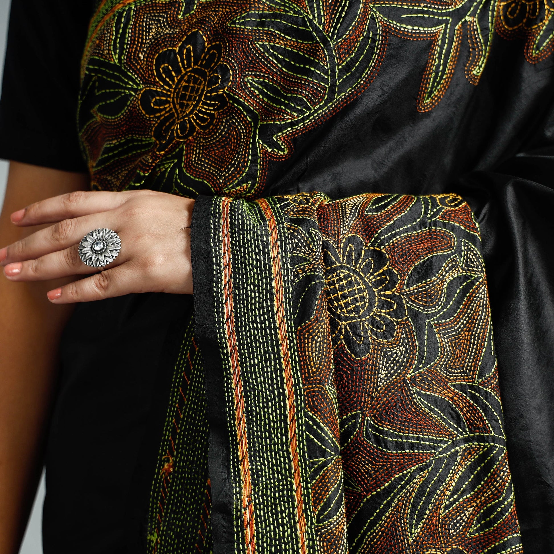 Black - Bengal Kantha Embroidery Bangalore Silk Handloom Saree