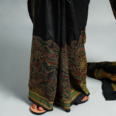 Black - Bengal Kantha Embroidery Bangalore Silk Handloom Saree