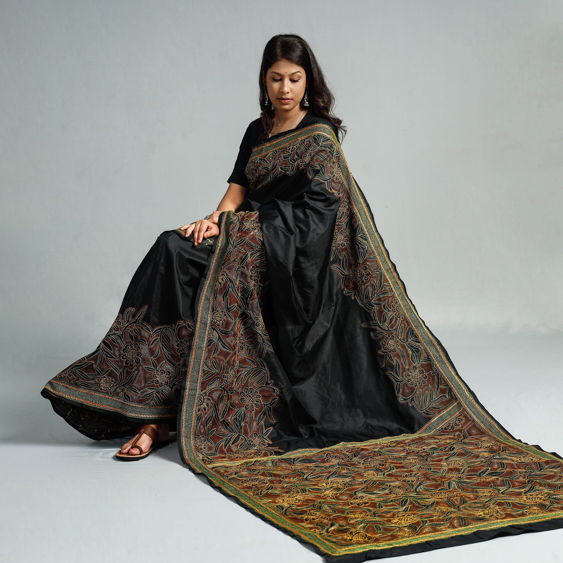 Black - Bengal Kantha Embroidery Bangalore Silk Handloom Saree