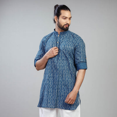 Blue - Akola Block Printed Cotton Men Short Kurta