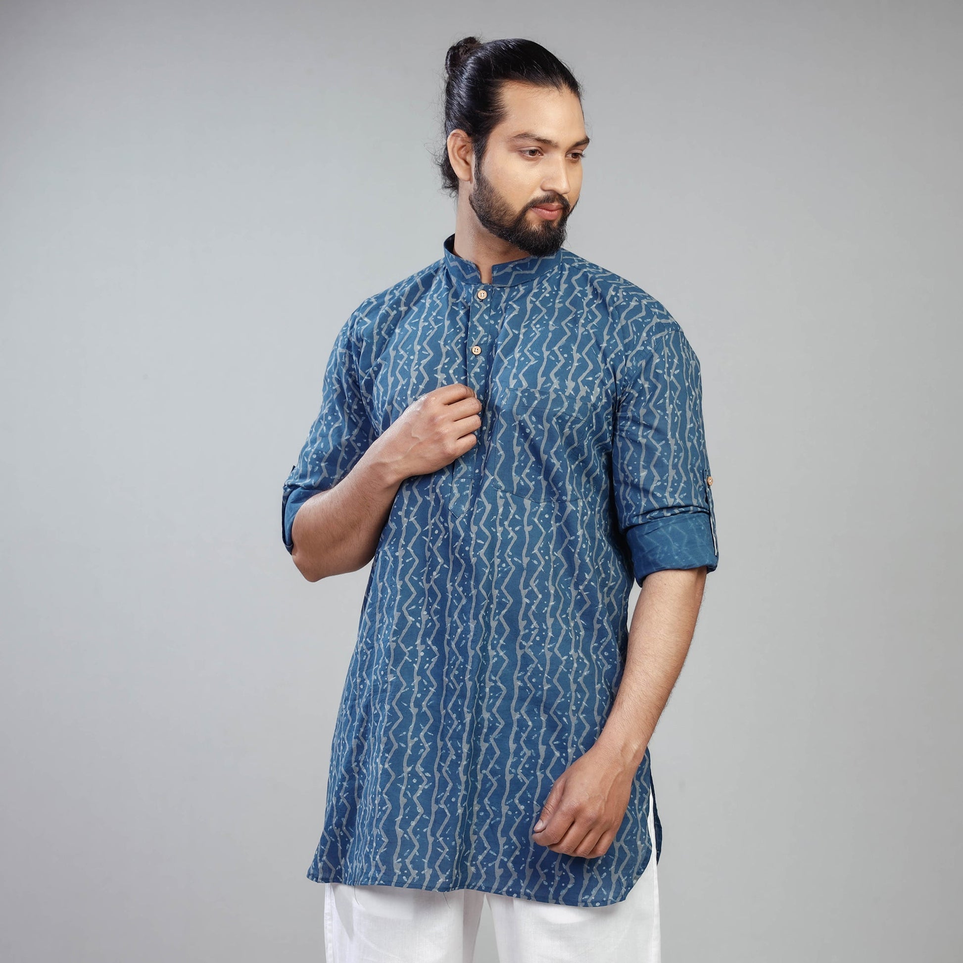 Blue - Akola Block Printed Cotton Men Short Kurta