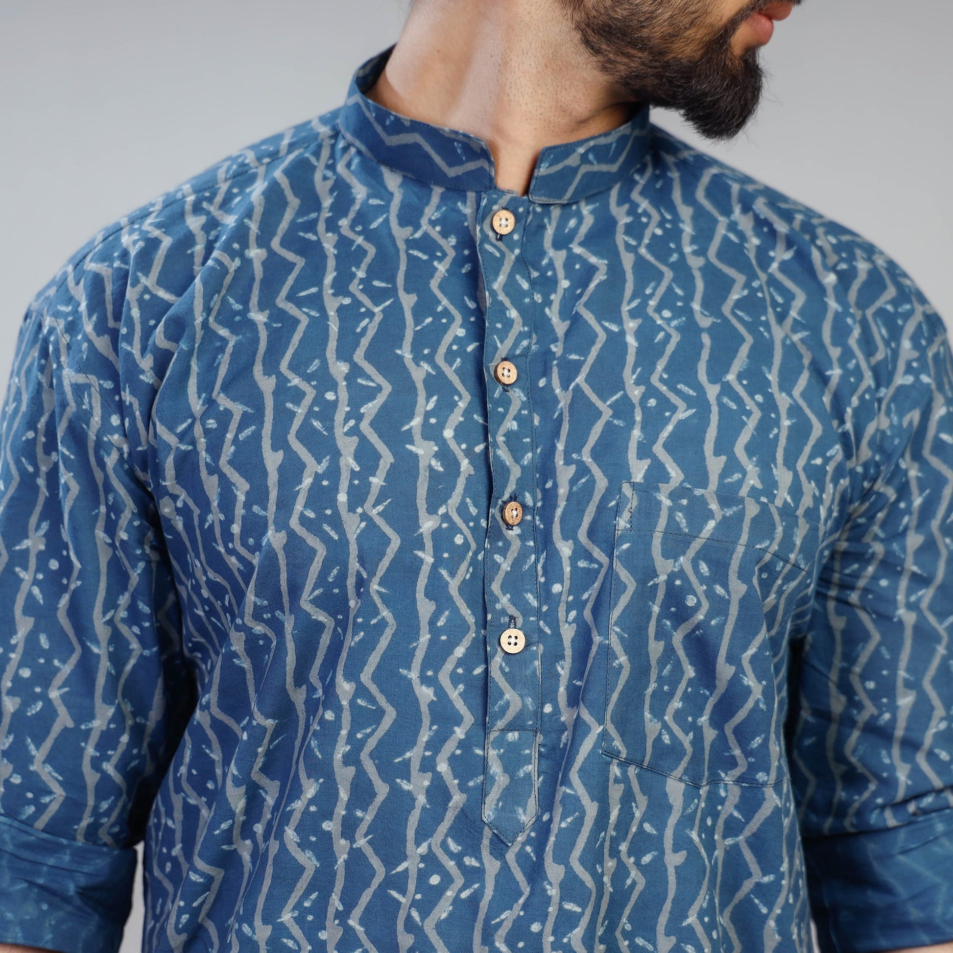 Blue - Akola Block Printed Cotton Men Short Kurta