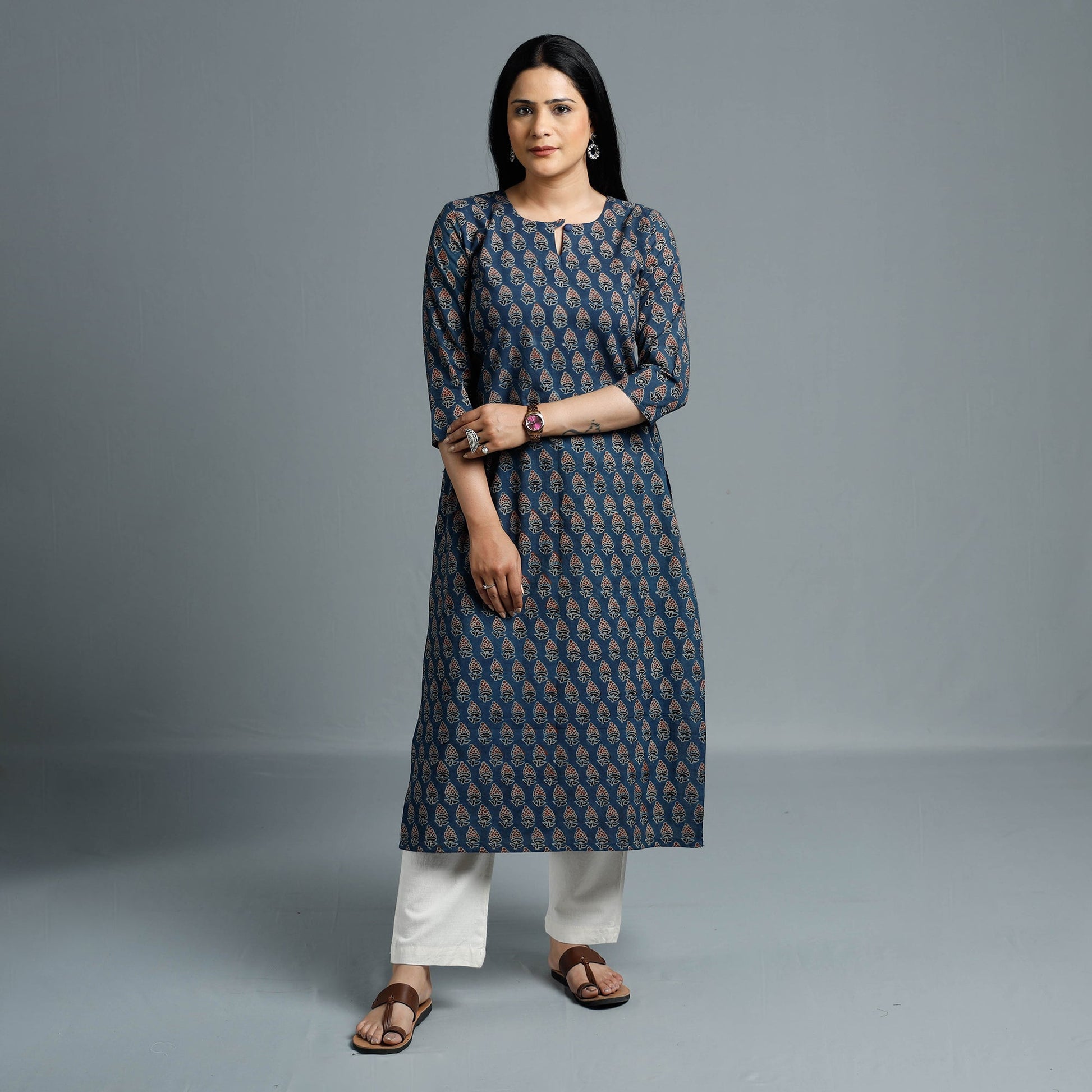 Blue - Cotton Long Kurta in Ajrakh Block Prints of Kutch