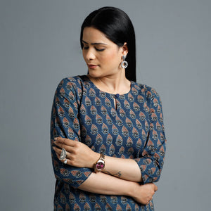 Blue - Cotton Long Kurta in Ajrakh Block Prints of Kutch