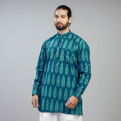 Blue - Akola Block Printed Cotton Men Short Kurta
