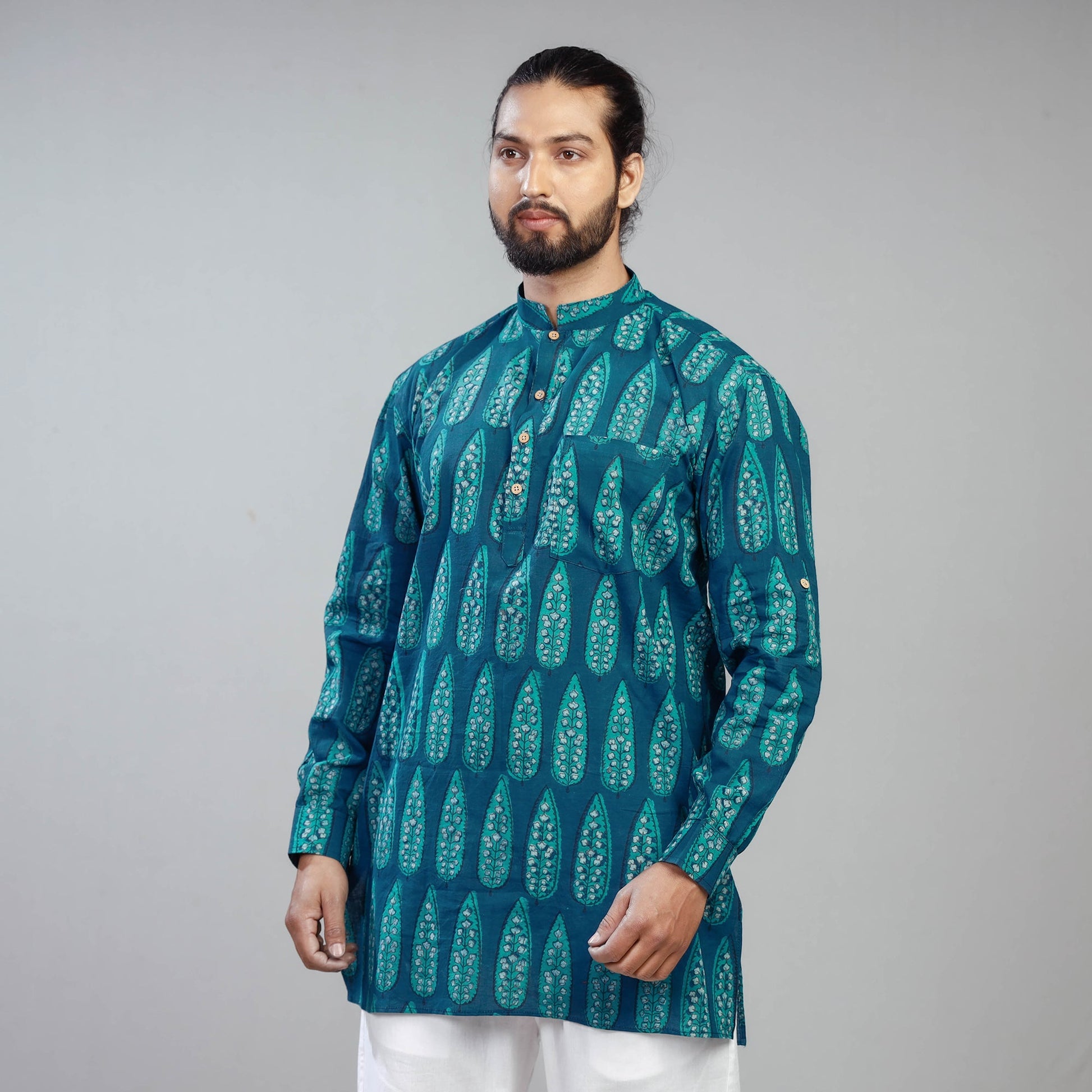 Blue - Akola Block Printed Cotton Men Short Kurta