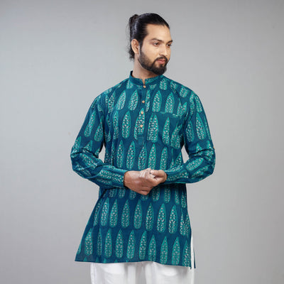 Blue - Akola Block Printed Cotton Men Short Kurta
