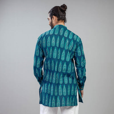 Blue - Akola Block Printed Cotton Men Short Kurta