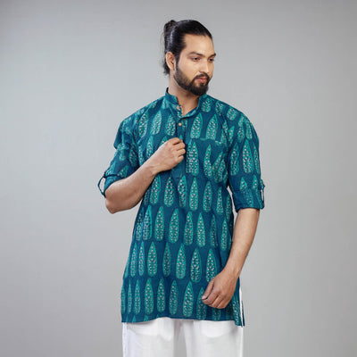 Blue - Akola Block Printed Cotton Men Short Kurta