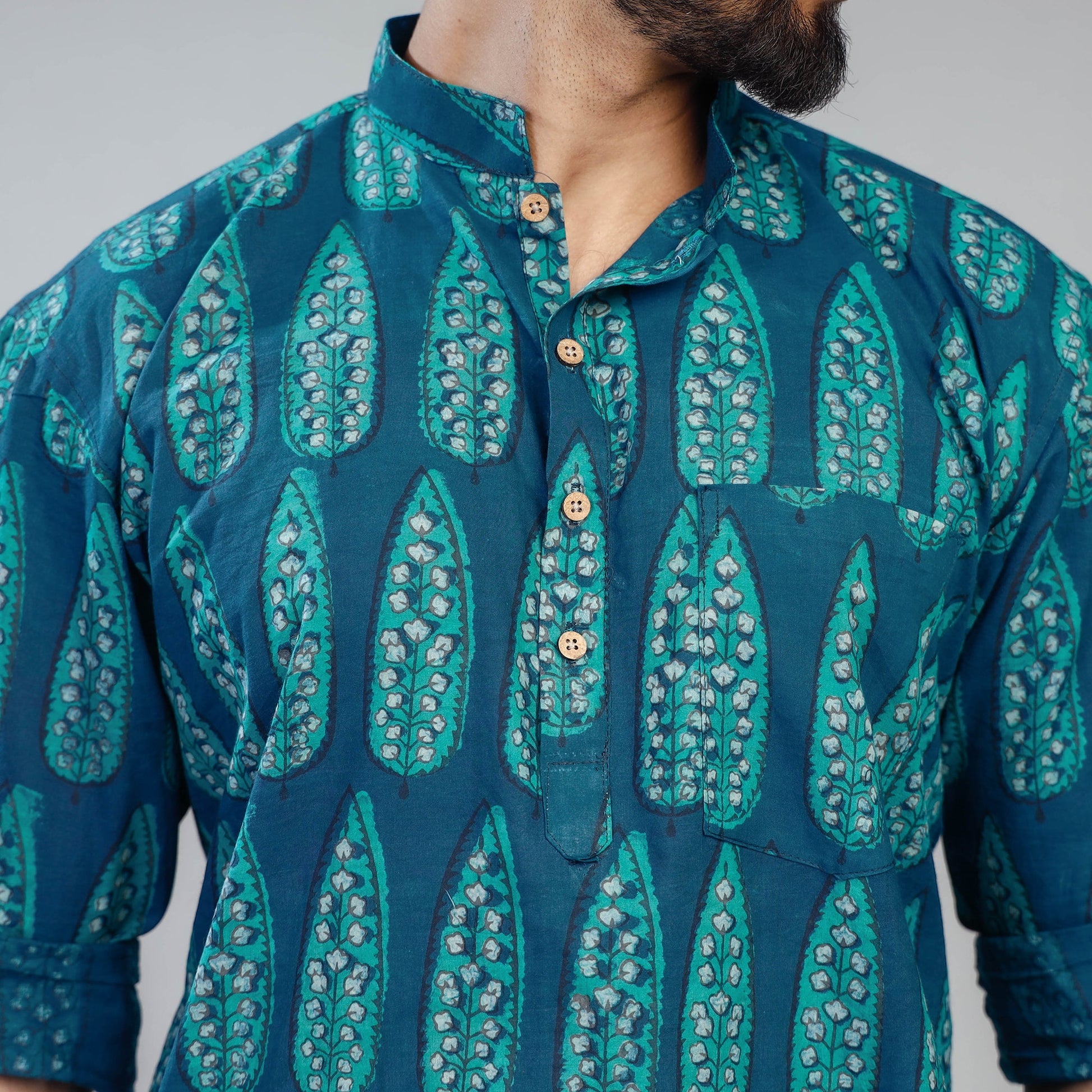 Blue - Akola Block Printed Cotton Men Short Kurta