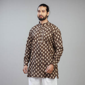 Brown - Akola Block Printed Cotton Men Short Kurta